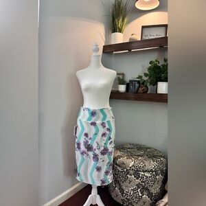 LuLaRoe Cassie Teal and Violet Patterned Midi Skirt